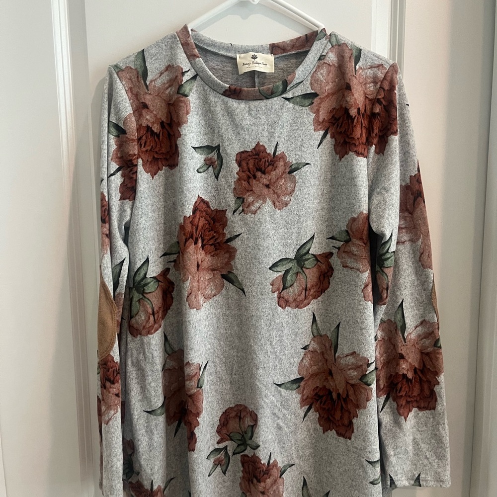 Floral Long Sleeve Sweatshirt - Gray and Brown